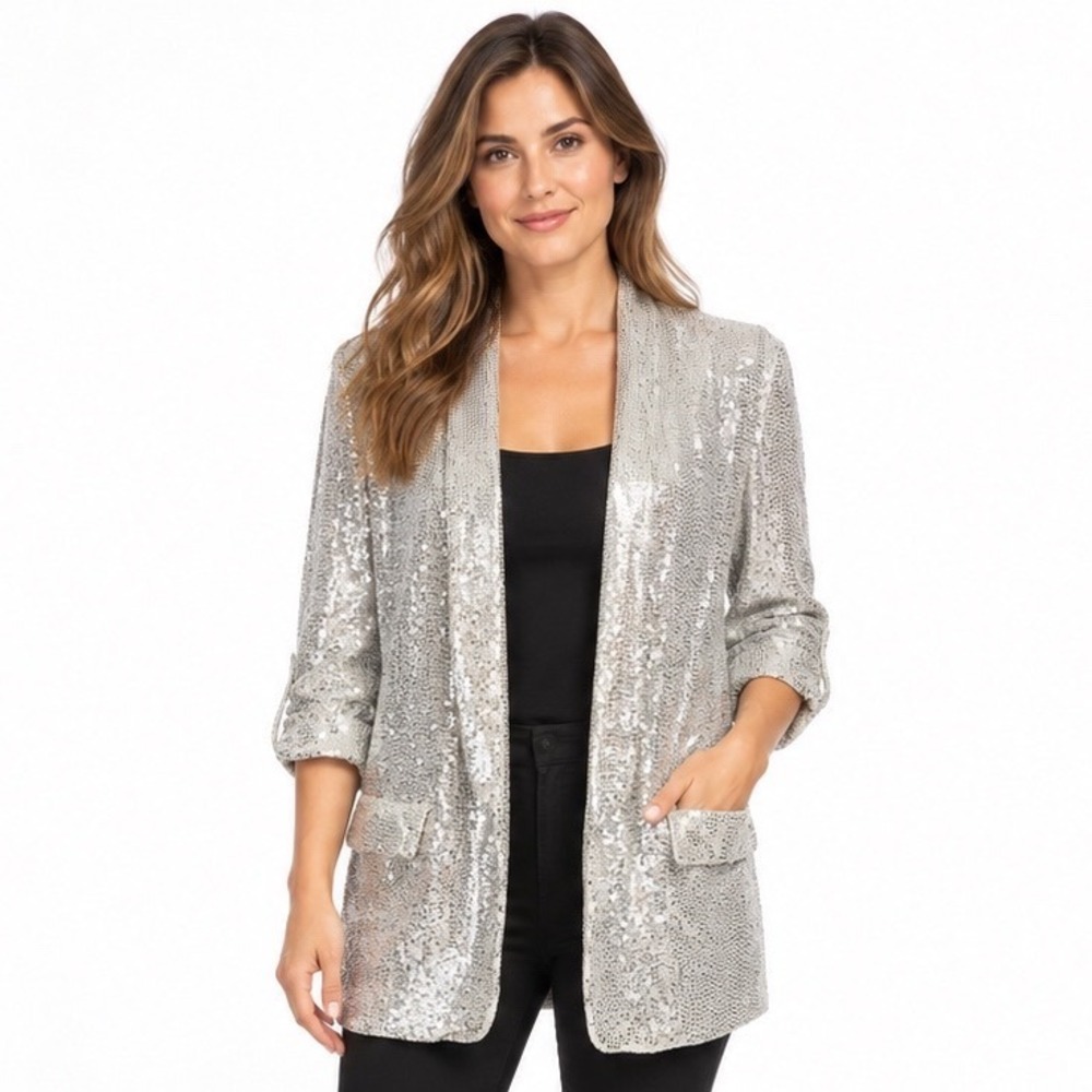 C by One Sequin Blazer XS Silver Open Front Ruched 3/4 Sleeve